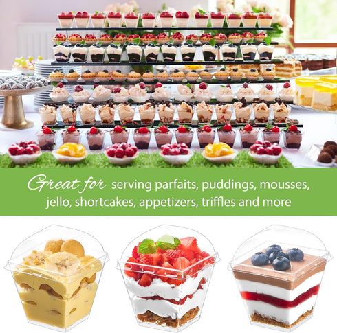 50 Pack 7 oz Zezzxu Square Dessert Cups with Dome Lids and Spoons, Plastic Pudding Cups with Lids Mini Parfait Shooter