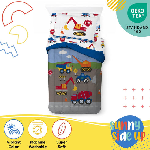 Set 5 Set Sunny Side Up Construction Zone Twin Comforter - Piece Kids Bedding Includes Comforter, Sheets & Pillow Cover