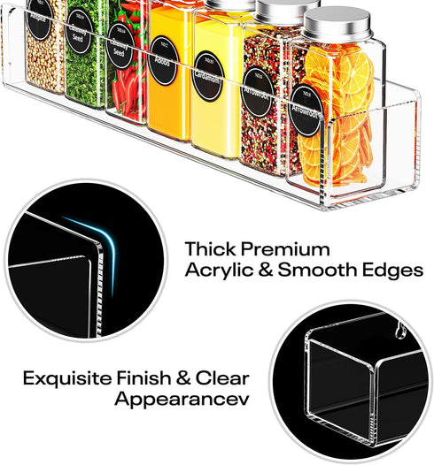 2 Pack, 12 Inch Wall Mounted Acrylic Spice Rack Clear Pantry Door Organizer, Floating Spice Organizer, Adhesive