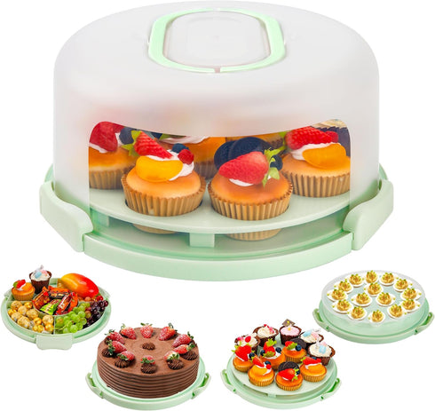 Green Round Cake Containers with Lids, 4-in-1 Multipurpose Cupcake Holders for 11 Inch Cake Pies Snacks