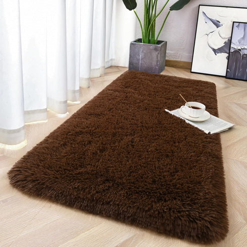 Chicrug 2x4 Feet Soft Plush Fluffy Runner Rug for Bedroom Living Room, Non-Shedding Shag Carpet, Coffee