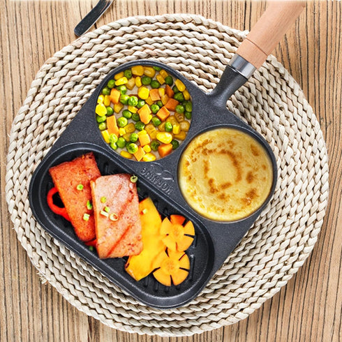 Egg Pan Omelette Pan, 3 Section Square Divided Breakfast Grill Pan with Solid Wood Handle, Nonstick Frying Pan for