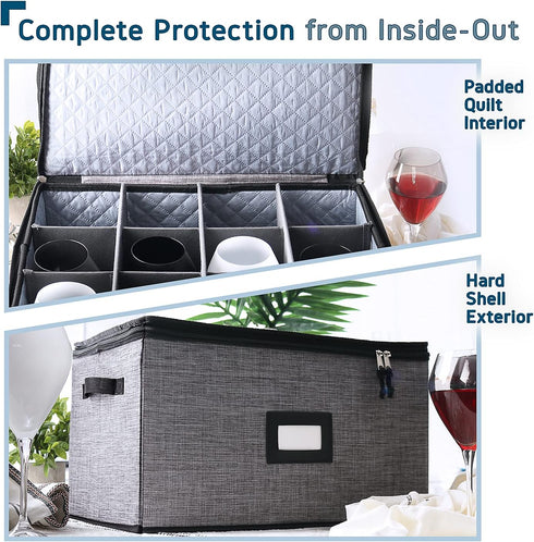 Wine Glass Storage Box with Dividers – Quilted and Stackable Stemware Storage Cases, Service of 12 Glassware Storage
