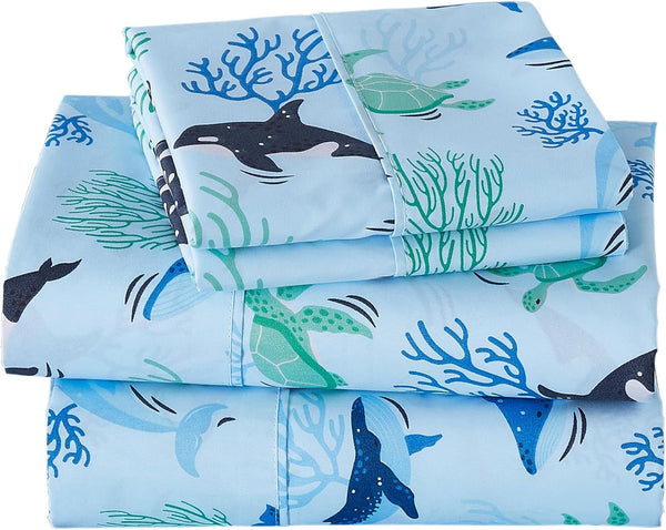 Viviland 4 Pieces Boys Blue Ocean Full Sheet Set - Soft Microfiber
