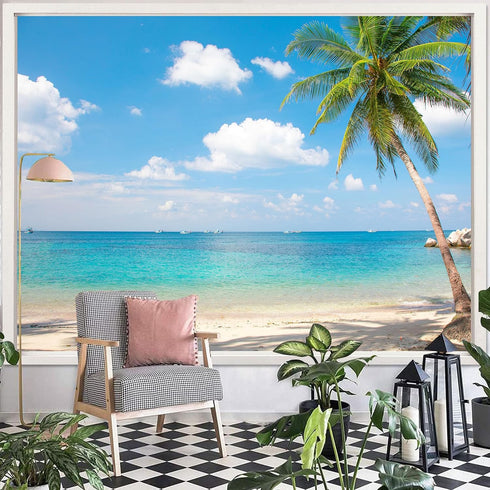 Leeisysme Beach Landscape Tapestry, Tropic Ocean Sea Island Palm Tree Seaside Tapestries for Living Room Summer Window