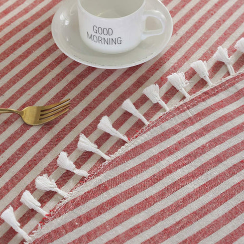 39 Inch) meioro Round Tablecloth Stripe Tassel Table Cloth Cotton Linen Dust-Proof Cover for Dining Circle Coffee Side
