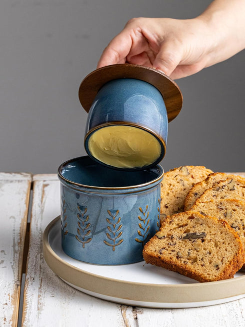 Countertop, Ceramic Butter Dish with Lid, Butter Crock for French Butter Keeper, Elegant Embossed Pattern, Blue