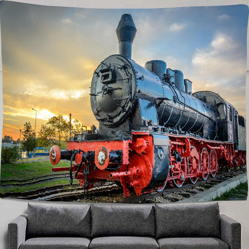 Sunset 80X60 Inches DYNH Steam Train Tapestry, Old Engine Train on Railroad Track Tapestries,Natural Scenery Sunrise