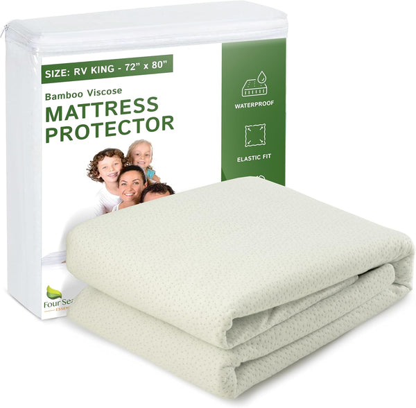 Four Seasons Essentials RV King Size Waterproof Mattress Protector, Cooling Bamboo Fitted Sheet, Quilted Jacquard
