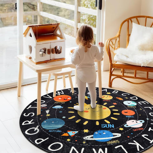 Rug,4 Round ABC Kids Ft Soft Circle Alphabet Playroom Rug,Washable Non-Slip Solar System Kid Play mat,Space Educational