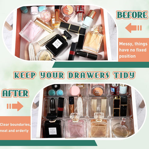 Tioncy 24 Pcs Clear Drawer Organizers, 3" x 3" x 2", Stackable Small Makeup Storage Bins for Office