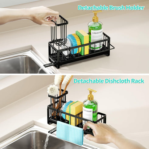 Countertop HapiRm Sponge Holder for Kitchen Sink - Self-draining Sink Caddy with Brush and Dishcloth Holders, Stainless