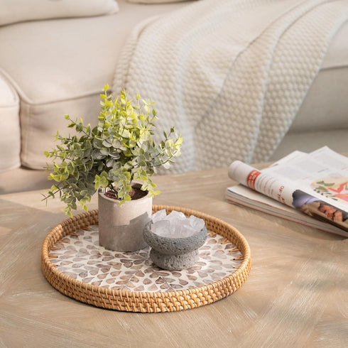 Counter, StorageWorks Decorative Coffee Table Trays for Home Decor, Round Rattan Tray with Mother of Pearl Inlay, Small
