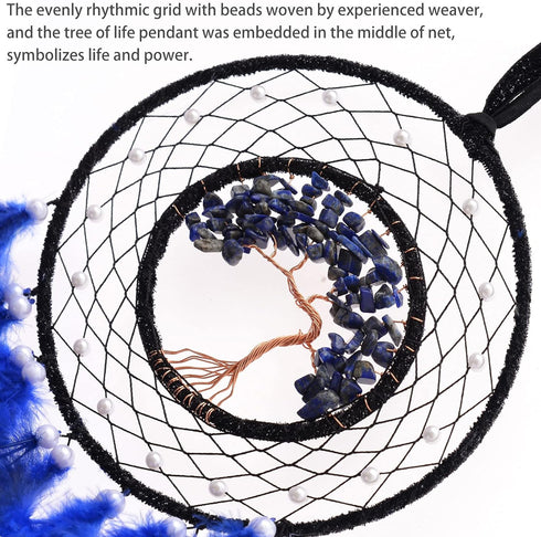 Dreamlike Deep Blue Tree of Life Dream Catcher, Handmade Feather Wall Hanging for Girls Bedroom Decor