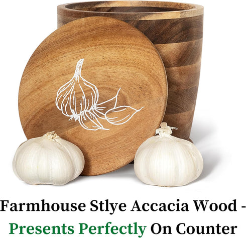 Counter. Introducing The Always Fresh Acacia Garlic Keeper For A Crafted Large Garlic Storage Jar. A Rustic Garlic