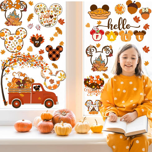 Fall Window Clings, 9 Sheets Mouse Themed Stickers for Glass Windows, Thanksgiving Decorations
