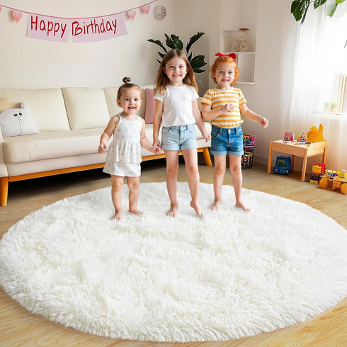 4Ft Xexsin Round Fluffy Rugs for Girls Bedroom, Cream White Shag Circle Kids Rug Non-Slip for Bedside Dorm Nursery