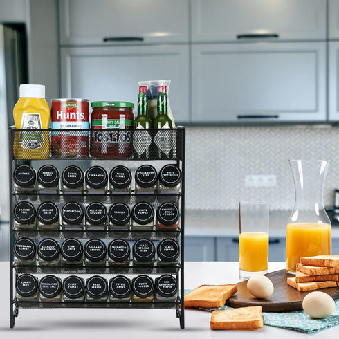 28 Set Countertop, Skiileor Spice Rack Organizer with Spice Jars, Black LidsSpice Labels, Chalk pen and Funnel
