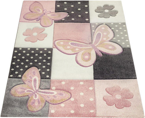 Size:2'8" 4'11" Kids Room Rug Pastel Colors Butterflies Check Pattern Spots Flowers Colourful, x