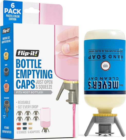 Flip-It! Bottle Emptying Kit – 6 Bottle Pack, Fits Most Plastic Bottles, Pastel Color Edition