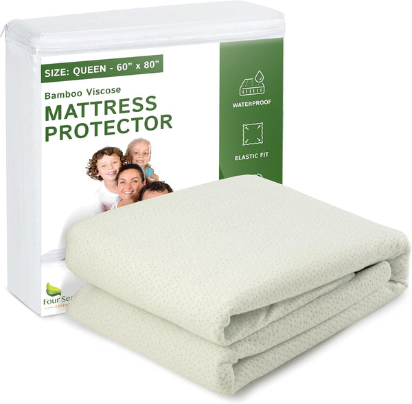 Four Seasons Essentials Queen Size Waterproof Mattress Protector, Cooling Viscose from Bamboo Fitted Sheet Mattress