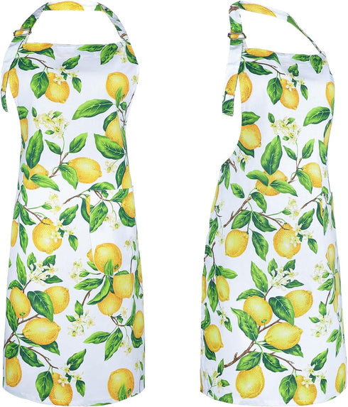 G2PLUS Thick Lemon Kitchen Apron with Pockets, Adjustable Cooking Apron for Baking, 30 x 25 inch