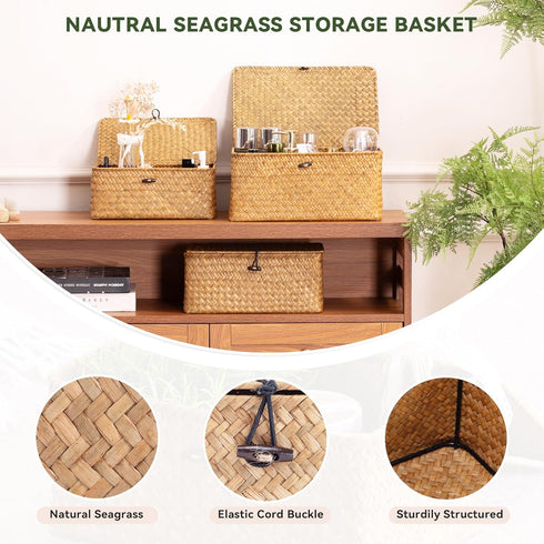 Nonam Set 3, Storage Basket with Lid, Natural Seagrass Bin with Lid of Shelf Baskets Multipurpose Container for Boho
