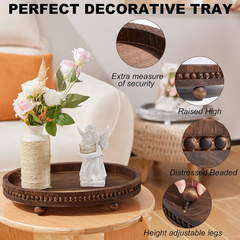 HouseJoy Tray-1611.8in Wooden Decorative Wood Beaded Coffee Table Decor Tray, Rustic Farmhouse Decor Tray for Living