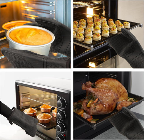 2PCS Silicone Oven Mitts, Black Oven Gloves with Non-Slip Waterproof, Heat Resistant 600 Degree for Cooking Baking