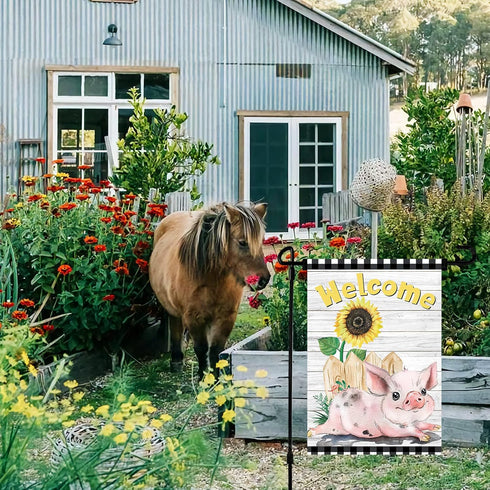 Welcome Garden Farm Flag, 12x18 Inch Sunflower Cute Pink Pig Vertical Double Side Decor for Outside Farmhouse Garden