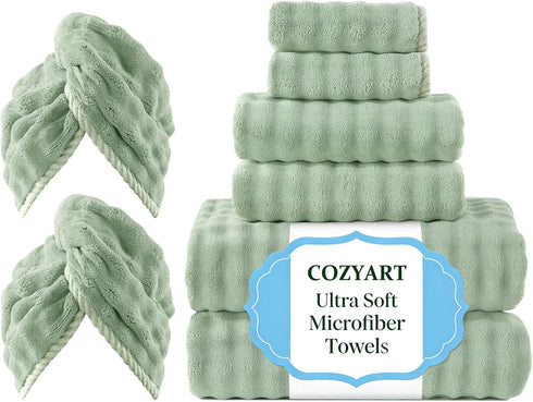 COZYART Lint Free Towel Sets 8 Pcs Sage Green, Thick, Super Soft,