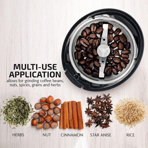 OVENTE Black Electric Coffee Grinder - Compact Grinding Mill with Stainless Blade for Beans, Spices, Herb, Tea