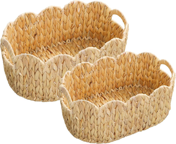 Coeusy Scalloped Basket Set of 2,Water Hyacinth Basket for Organizing and Decor,Hand-Woven