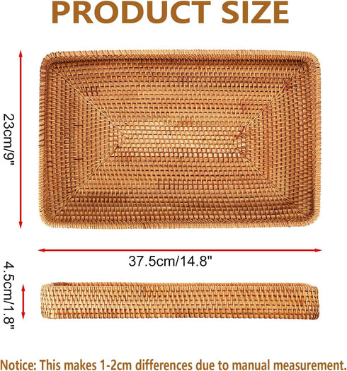 Hipiwe Decor,14.8"x 9.0"x1.8" Rattan Serving Tray Large Wicker Storage Basket Tray for Organizing Rectangular