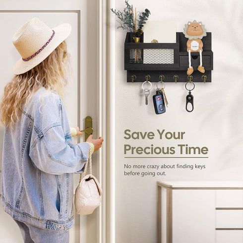 Key and Mail Holder for Wall, Wall Mount Mail Organizer with 6 Hooks and Storage Drawer, Key Rack (B-Black)