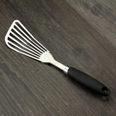 304 Stainless Steel Fish Spatula - Non-Slip Ergonomic Handle Slotted Spatula, Black for Cooking