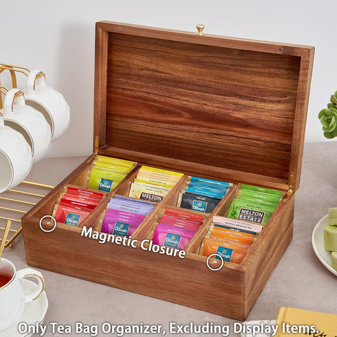 SARUFO Packet 8-Compartment Acacia Wood Tea Bag Organizers, Tea Storage Boxes, Tea Caddy for Tea Bags Chest, Teabag