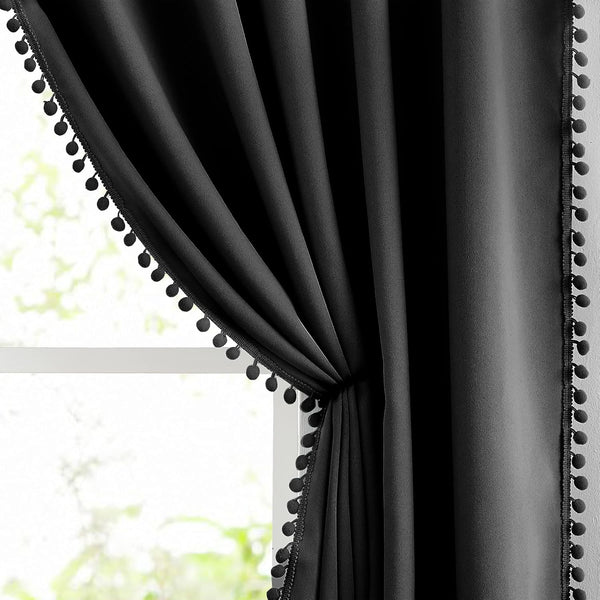 Treatmentex Black Pom Pom Blackout Curtains Set, 45" Half Window Drapes for Small Basement Laundry, 2 Panels Rod Pocket