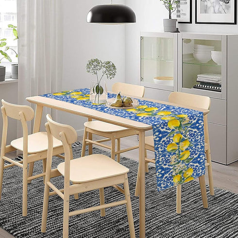 UEQIKI Summer 13x72 Inch Blue Tiles Lemon Table Runner for Home Party Decorations Seasonal Washable Kitchen Dining