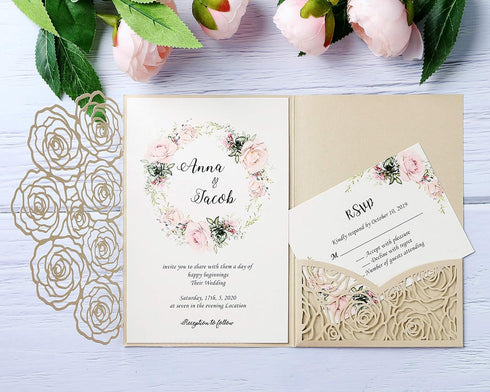 20 Pcs Laser Cut Wedding Invitations Card Pocket - with Envelope for Birthday Party, Baby or Bride Shower Invite