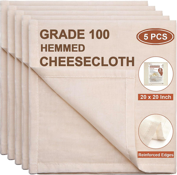 Cheese Cloths, 5 PCS Precut 20x20 Inch, Grade 100 Hemmed for Straining Cooking, Reusable Cotton