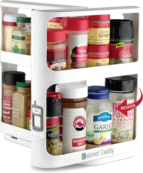 Cabinet Caddy Spice Rack Organizer for Cabinet - Slide & Rotate Kitchen Organizers - 2 Double-Decker Shelves - Non-Skid