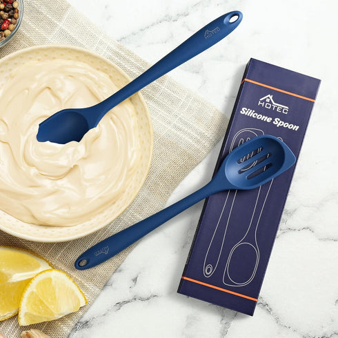 HOTEC Heat Resistant Silicone Cooking Spoon Spatula, Large Solid and Slotted Spoons, Non-stick, Dishwasher Safe,