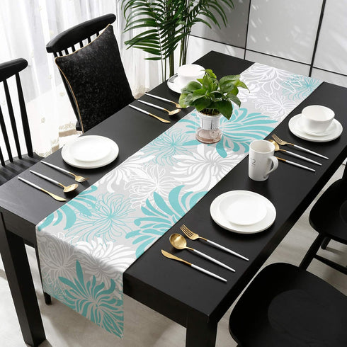 Aqua Chrysanthemum Flowers Table Runner, Cotton Linen 13x90inches, Floral Grey Tablerunner for Kitchen, Dining, Living