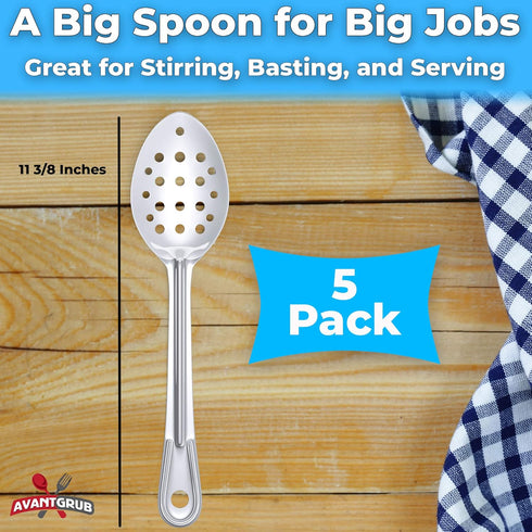 Super Strong Ergonomic 11 in Serving Spoon, 5 Pk Big Perforated Stainless Steel Spoons for Cooking, Baking, and Basting