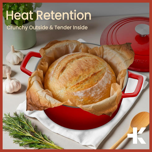 6QT 500F, Bakken Enameled Cast Iron Dutch Oven Pot, Dutch Oven for Bread Baking, Braising & Roasting, Kitchen