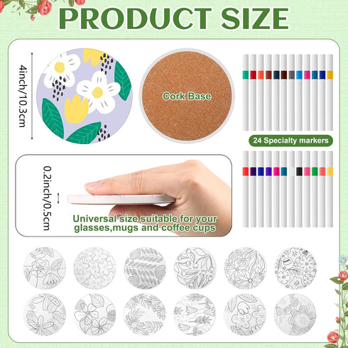 12 12 Potchen Pcs Flower Coasters Color Your Own Coaster Ceramic DIY Kits for Adults Absorbent Spring Floral Drink