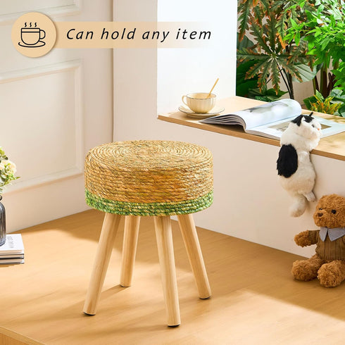 17-Inch Handwoven Outdoor Ottoman, Water Hyacinth Pouf Round Patio Footstool with Wood Legs, Multipurpose Vanity Stool