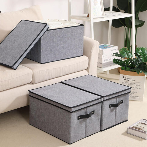 Fabric Storage Boxes, 7.1 x 9.1 x 13 Inch Bins with Lids, Decorative Linen Closet Organizers with Handles, Small, Gray