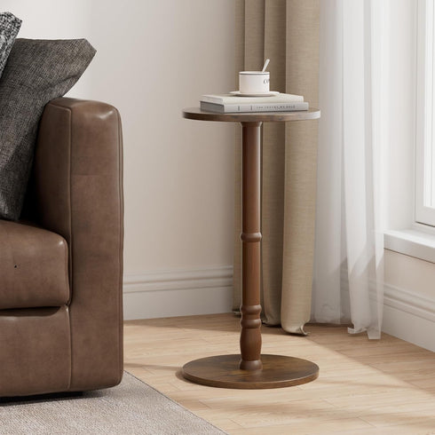 Homleke 12" Round Side Table, Solid Wood Pillar with Wood Top & Base, Small Drink Accent Table for Living Room